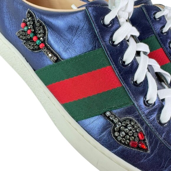 GUCCI Ace Metallic Blue Lather Crystal Arrow Men's Sneakers 11 - 11.5 US - Picture 5 of 11